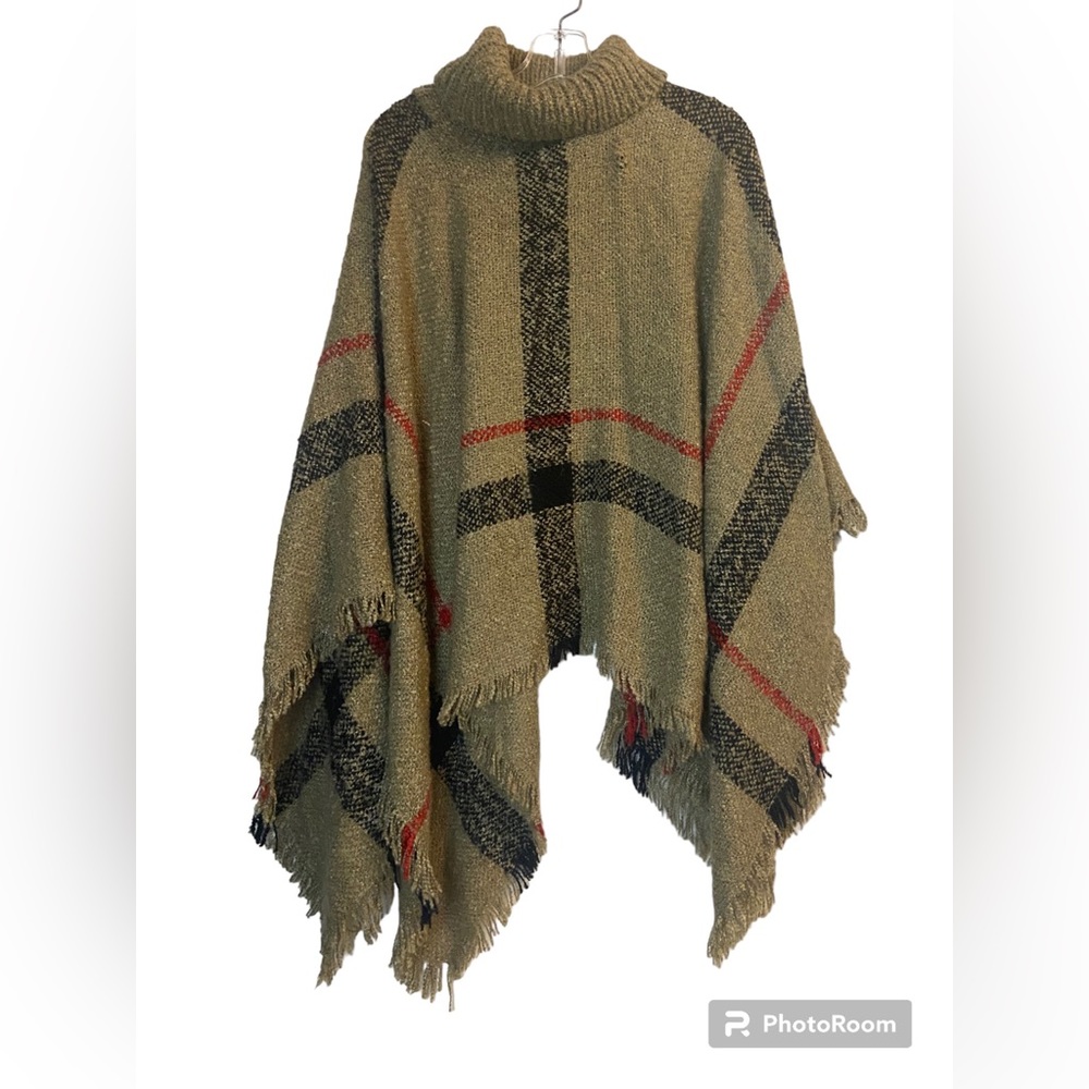 Plaid raw hem knit pull over fall winter Poncho turtleneck One Size Brown boho